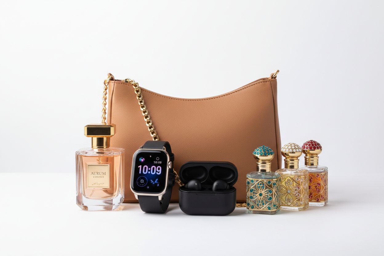 smart watch, earbuds, perfume, attars,women shoulder bags